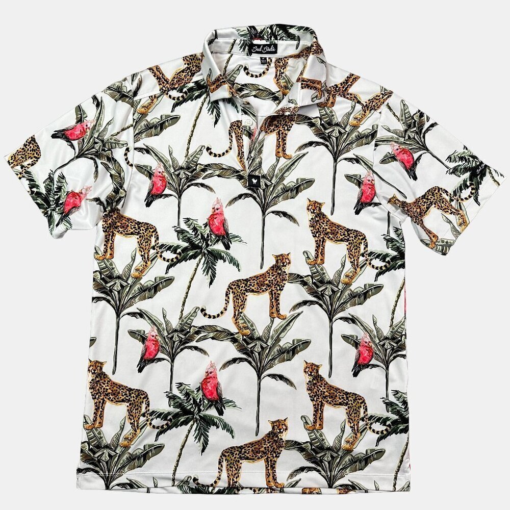 Bad Birdie Wildlife Polo Cheetah Tropical Golf Golfing Shirt White Men's Medium